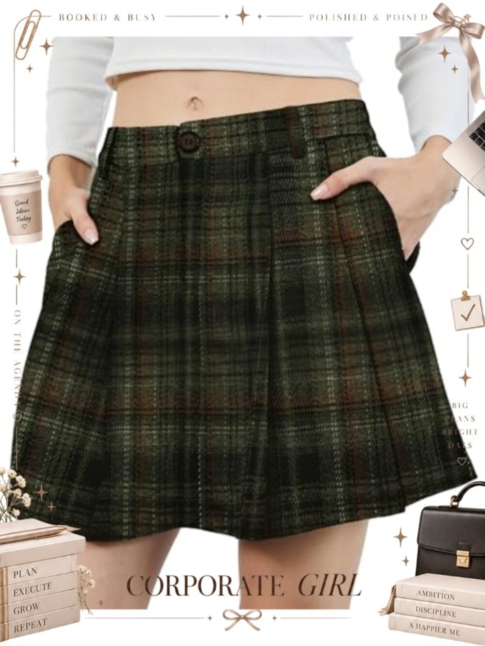Pleated Plaid Mini Skirt High Waist A-Line with Pockets